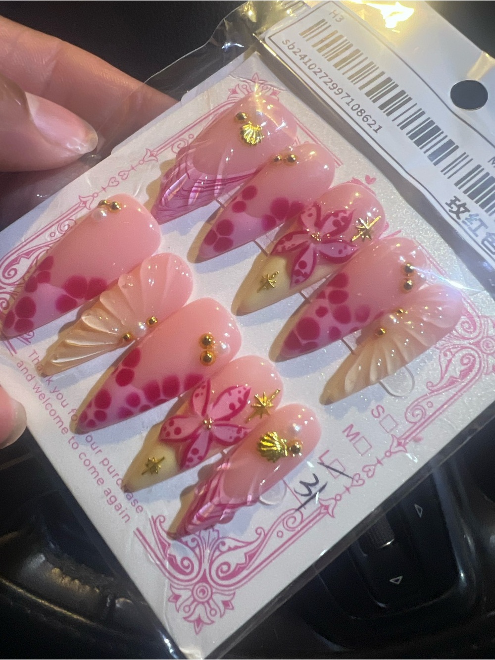 Pink Floral Gold Accent Press-On Nails